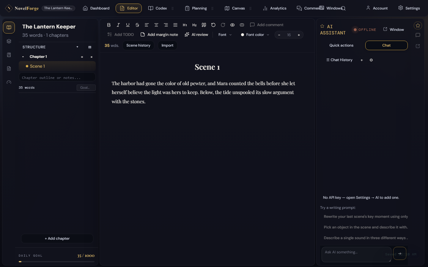 NovelForge editor with a manuscript, scene outline, and AI assistant